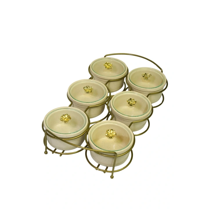 6lı Yuvarlak Kapaklı Kahvaltı Sunumluğu Mat Gold Kaplama