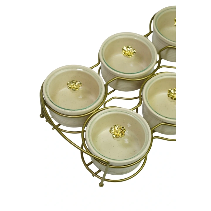 6lı Yuvarlak Kapaklı Kahvaltı Sunumluğu Mat Gold Kaplama