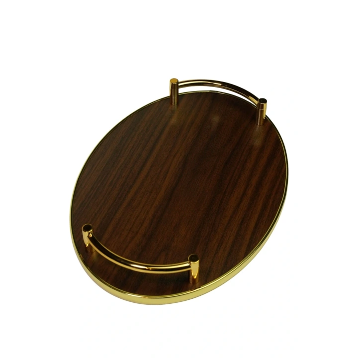 Ahşap Desenli Altın Oval Sunum Tepsisi – 2’li Set Modern Servis Tepsisi