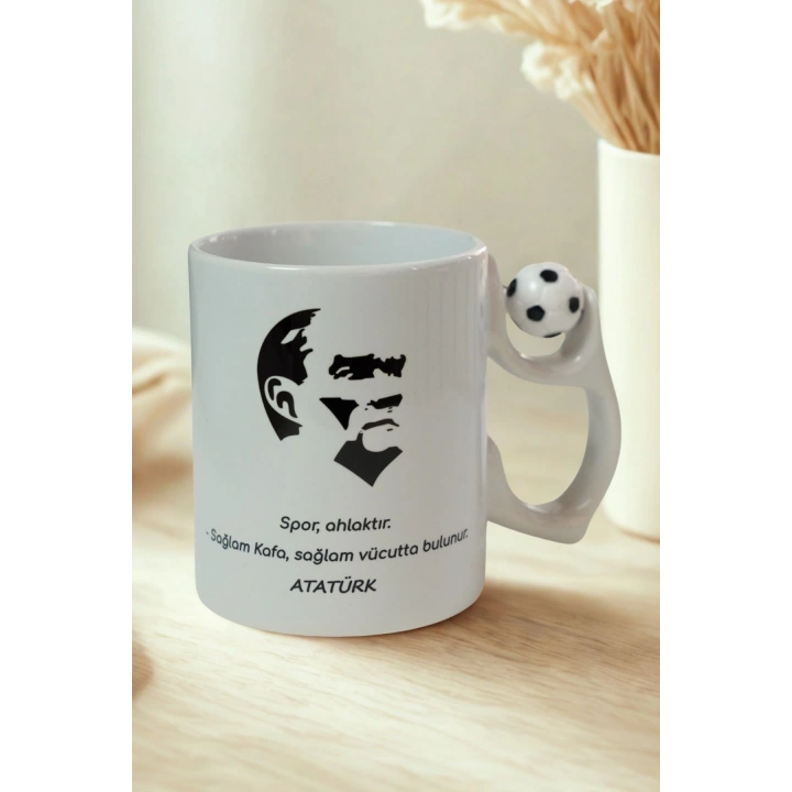 Atatürk Sözlü Futbol Topu Kulplu Porselen Kupa – Spor Ahlaktır Temalı Kahve Kupası