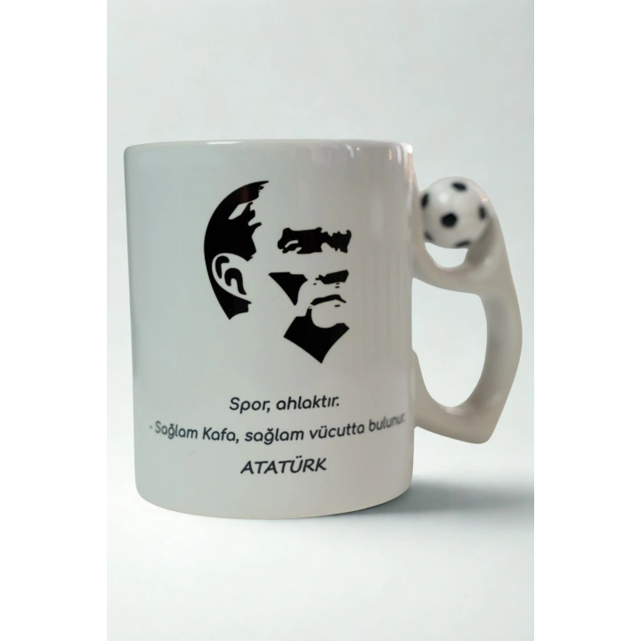 Atatürk Sözlü Futbol Topu Kulplu Porselen Kupa – Spor Ahlaktır Temalı Kahve Kupası