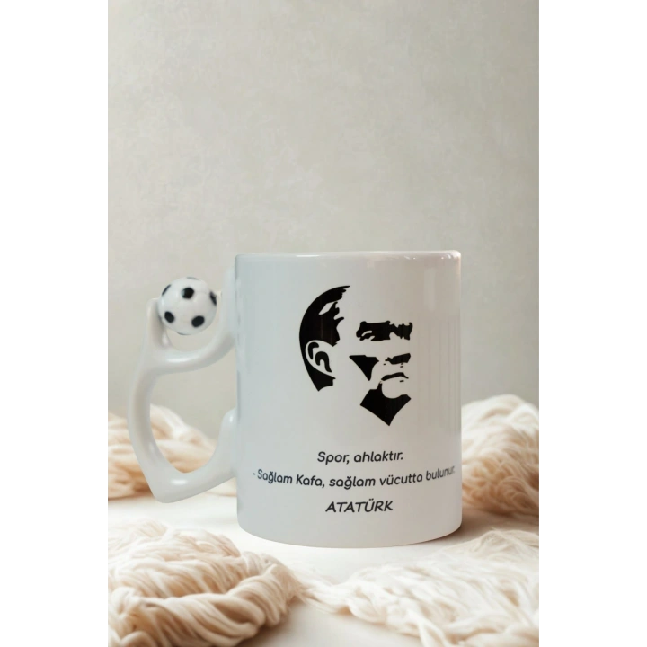 Atatürk Sözlü Futbol Topu Kulplu Porselen Kupa – Spor Ahlaktır Temalı Kahve Kupası