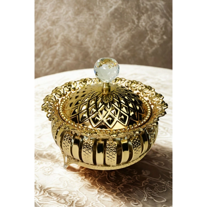 Aynalı Oval Şekerlik & İsteme Çikolatası & Lokumluk 15 cm Lüks Altın Kapaklı Kristal Topuzlu