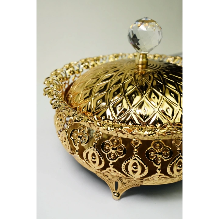 Aynalı Oval Şekerlik & İsteme Çikolatası & Lokumluk 15 cm Lüks Altın Kapaklı Kristal Topuzlu