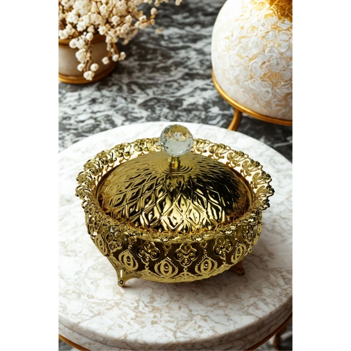Aynalı Oval Şekerlik & İsteme Çikolatası & Lokumluk 15 cm Lüks Altın Kapaklı Kristal Topuzlu