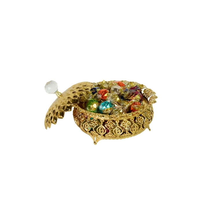 Aynalı Oval Şekerlik & İsteme Çikolatası & Lokumluk 15 cm Lüks Altın Kapaklı Kristal Topuzlu