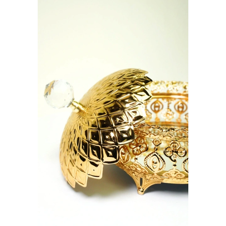 Aynalı Oval Şekerlik & İsteme Çikolatası & Lokumluk 15 cm Lüks Altın Kapaklı Kristal Topuzlu