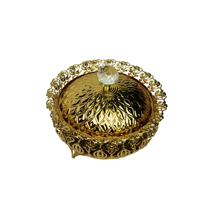 Aynalı Oval Şekerlik & İsteme Çikolatası & Lokumluk 15 cm Lüks Altın Kapaklı Kristal Topuzlu