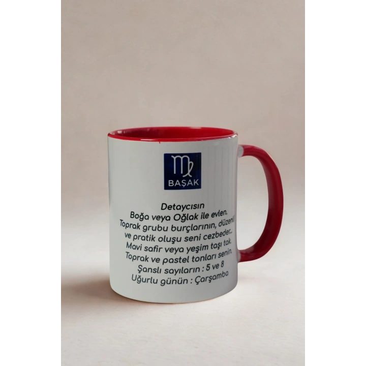 Başak Burcu Kupa Bardak | Burçlara Özel Porselen Kupa | Kırmızı İç Renkli Hediye Kupa | Astrolojik Tasarım Kahve Kupası