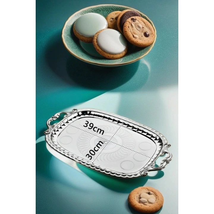 Çay Kahve Tepsisi Ikramlık Sunumluk Servis Ve Kulplu Çay Tepsisi Paslanmaz Çelik Desenli 39x30cm