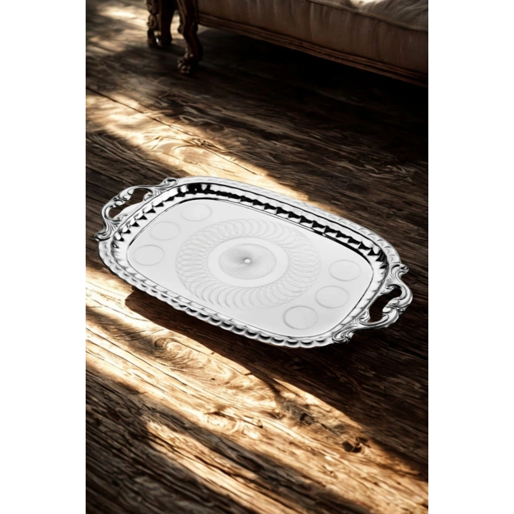 Çay Kahve Tepsisi Ikramlık Sunumluk Servis Ve Kulplu Çay Tepsisi Paslanmaz Çelik Desenli 39x30cm