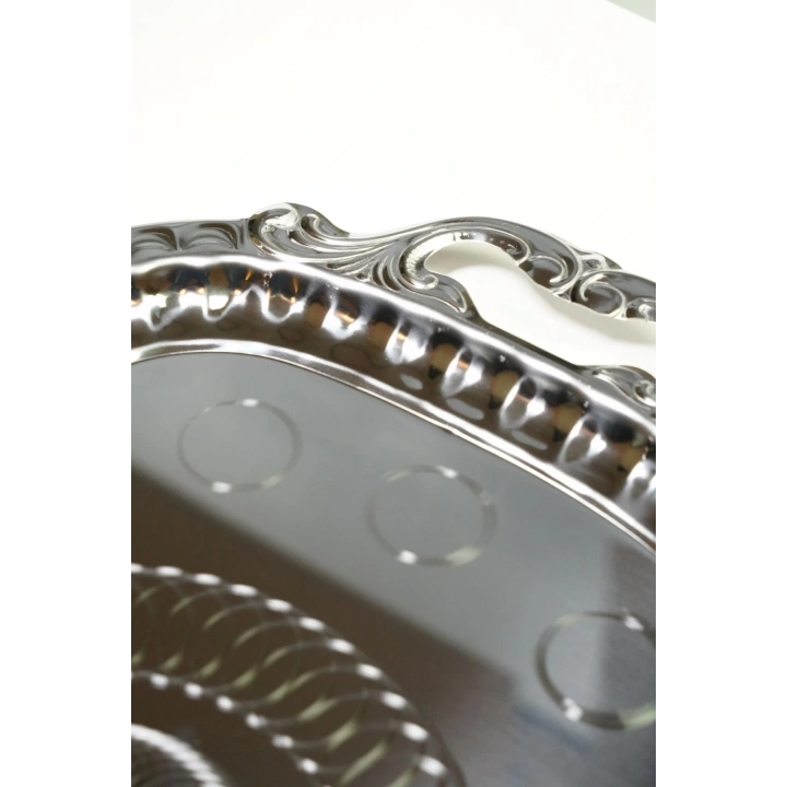 Çay Kahve Tepsisi Ikramlık Sunumluk Servis Ve Kulplu Çay Tepsisi Paslanmaz Çelik Desenli 39x30cm