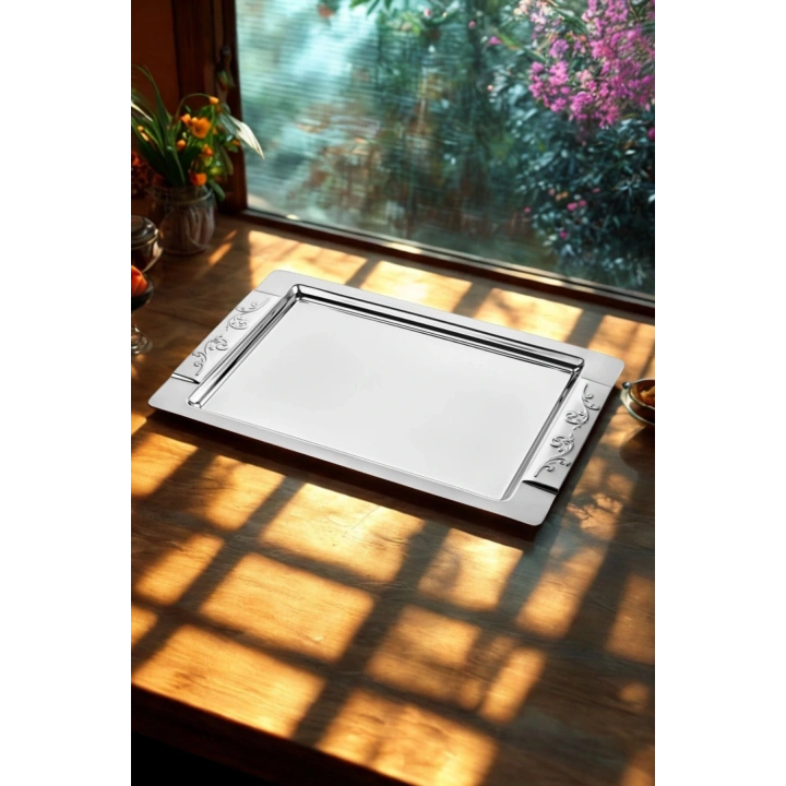 Çelik Çay Tepsisi Paslanmaz Parlak Metal Çay Servis Tepsisi