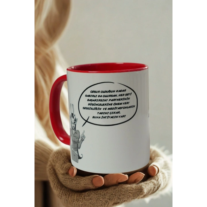 Koç Burcu Porselen Kupa – Burç Özellikli Kırmızı Kulplu Kahve Fincanı Hediye