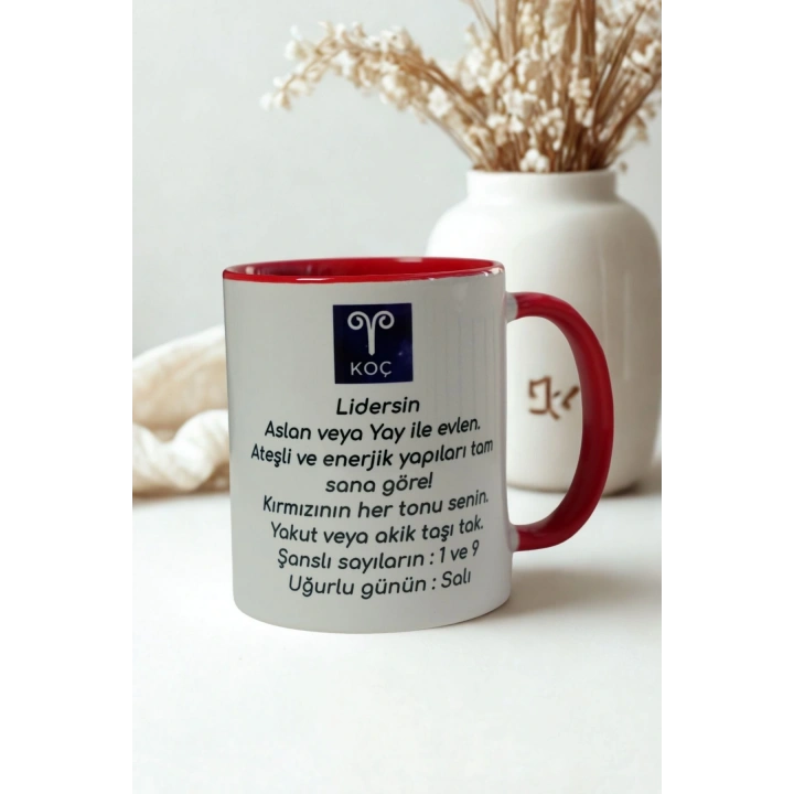 Koç Burcu Porselen Kupa – Burç Özellikli Kırmızı Kulplu Kahve Fincanı Hediye