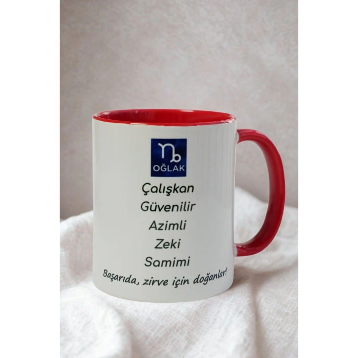 Oğlak Burcu Porselen Kupa – Çalışkan, Güvenilir, Azimli, Zeki ve Samimi – Kırmızı Kulplu Hediye Kupa