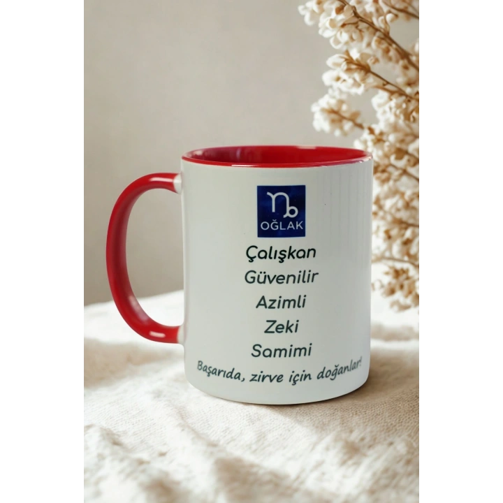Oğlak Burcu Porselen Kupa – Çalışkan, Güvenilir, Azimli, Zeki ve Samimi – Kırmızı Kulplu Hediye Kupa