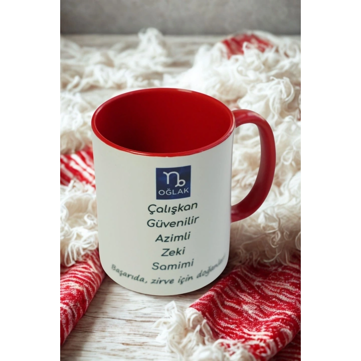 Oğlak Burcu Porselen Kupa – Çalışkan, Güvenilir, Azimli, Zeki ve Samimi – Kırmızı Kulplu Hediye Kupa
