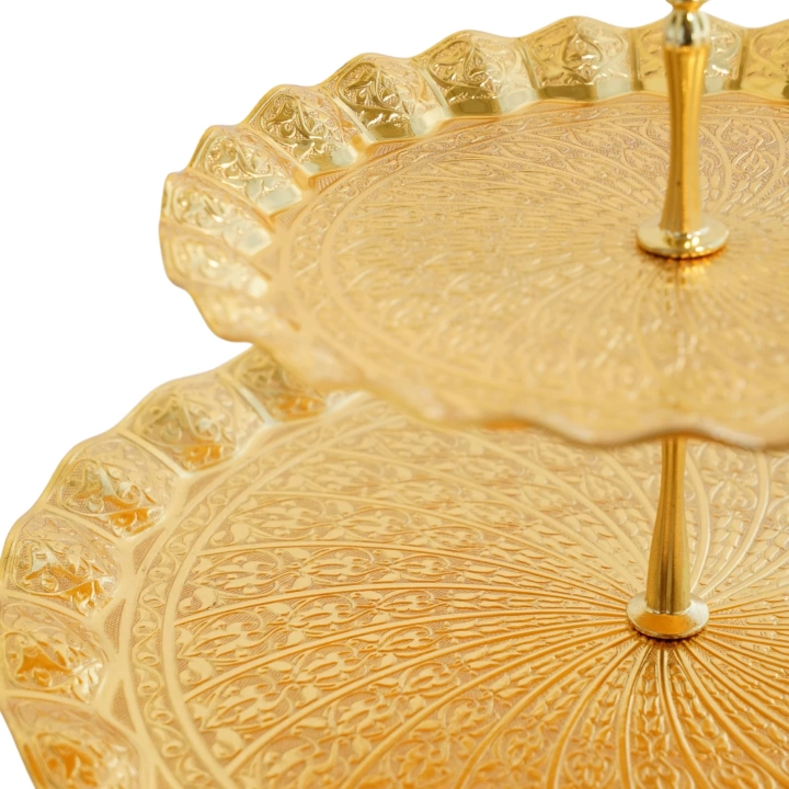Otantik Yuvarlak Gold İki Katlı Sunumluk Kurabiyelik Pasta Tabak