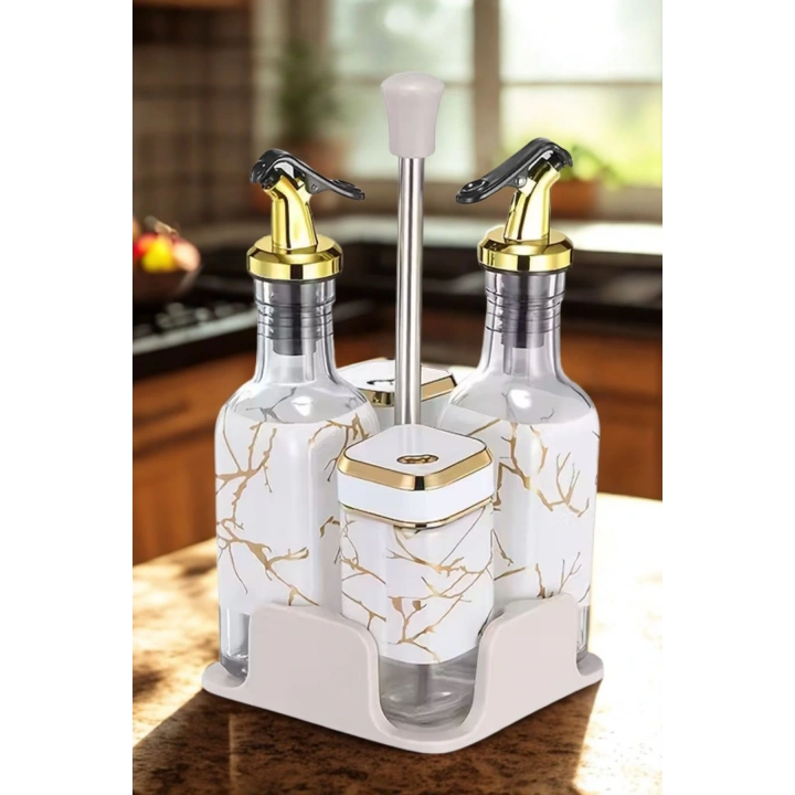 5 Parça Standlı Yağlık Sirkelik Biberlik Takımı Yağ Sirke Seti - Dönen Kapaklar, Sızdırmaz Tasarım, 2 Baharat Şişesi, 2 Yağdanlık