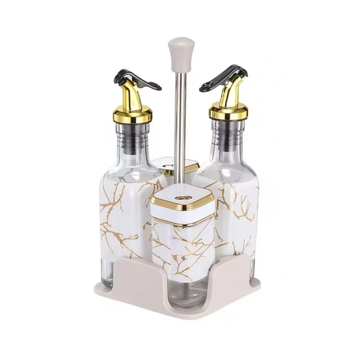 5 Parça Standlı Yağlık Sirkelik Biberlik Takımı Yağ Sirke Seti - Dönen Kapaklar, Sızdırmaz Tasarım, 2 Baharat Şişesi, 2 Yağdanlık