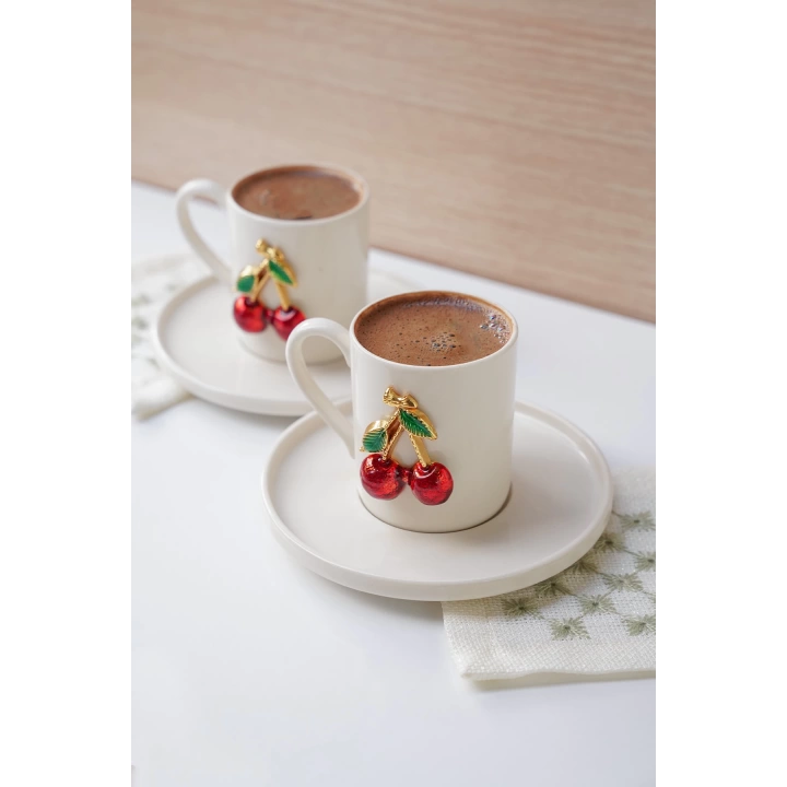 100 ml 2li Kirazlı Fincan Takımı Porselen 4 Parça