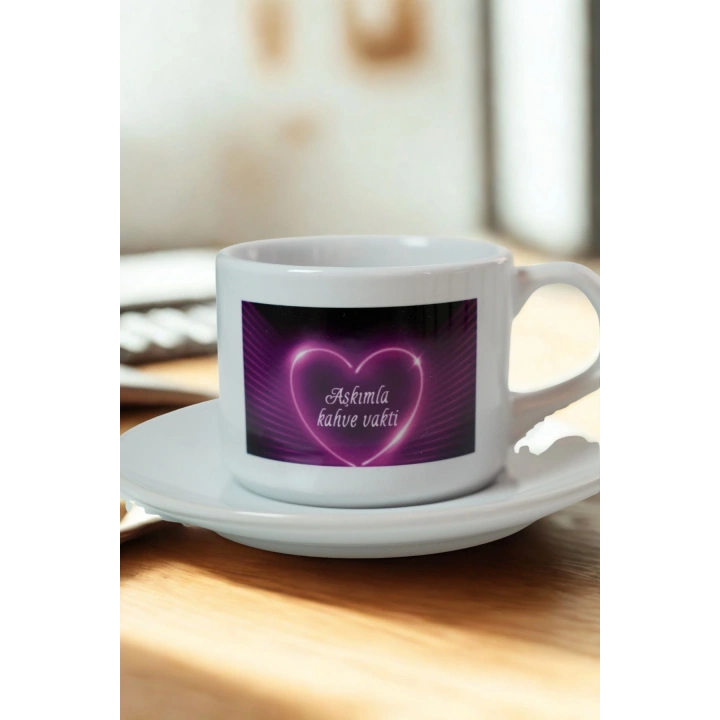 Porselen Kupa Seti – “Aşkımla Kahve Vakti” Baskılı Romantik Hediyelik Fincan ve Tabak