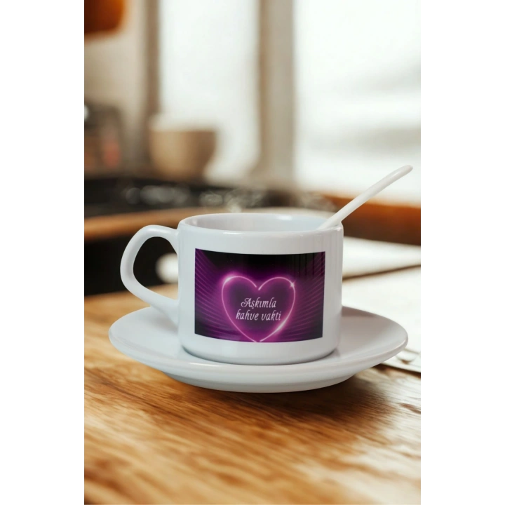 Porselen Kupa Seti – “Aşkımla Kahve Vakti” Baskılı Romantik Hediyelik Fincan ve Tabak