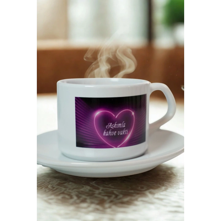Porselen Kupa Seti – “Aşkımla Kahve Vakti” Baskılı Romantik Hediyelik Fincan ve Tabak