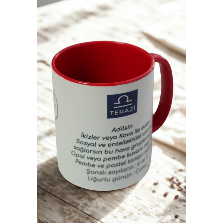 Terazi Burcu Porselen Kupa – Adil, Zarif ve Duygusal – Kırmızı Kulplu Hediye Kupa