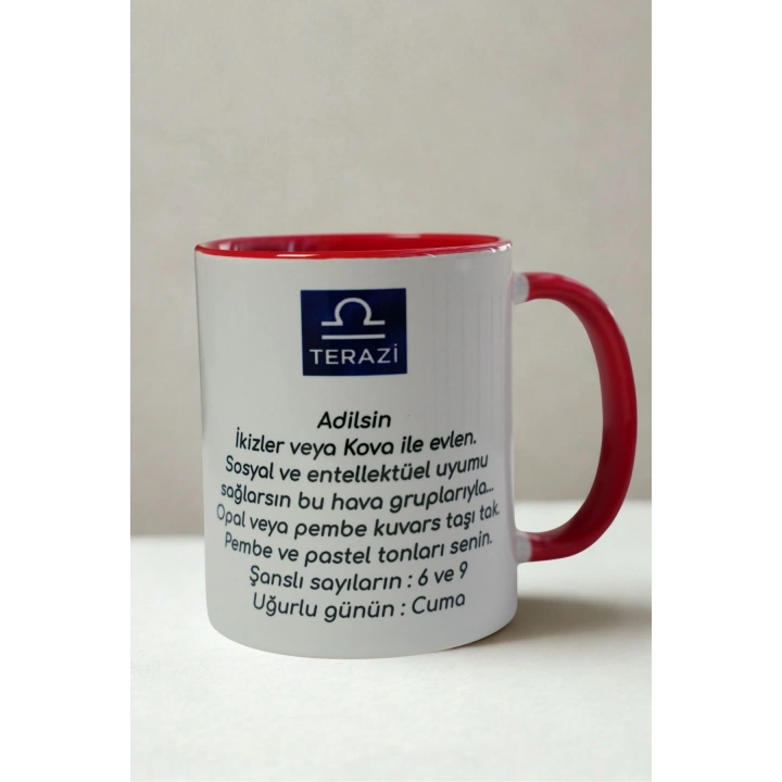 Terazi Burcu Porselen Kupa – Adil, Zarif ve Duygusal – Kırmızı Kulplu Hediye Kupa