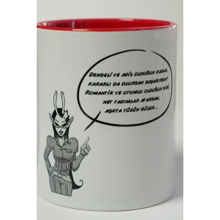 Terazi Burcu Porselen Kupa – Adil, Zarif ve Duygusal – Kırmızı Kulplu Hediye Kupa