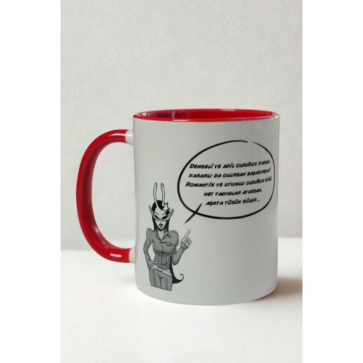 Terazi Burcu Porselen Kupa – Adil, Zarif ve Duygusal – Kırmızı Kulplu Hediye Kupa