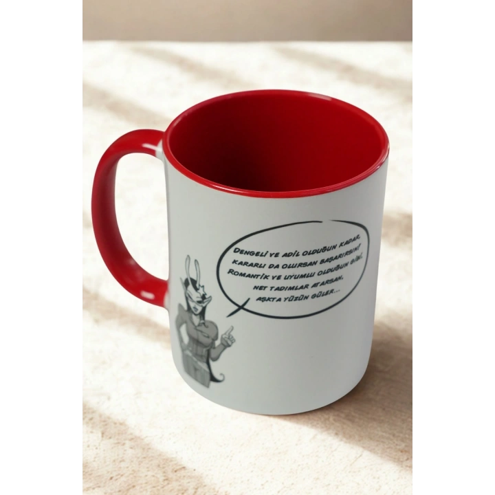Terazi Burcu Porselen Kupa – Adil, Zarif ve Duygusal – Kırmızı Kulplu Hediye Kupa