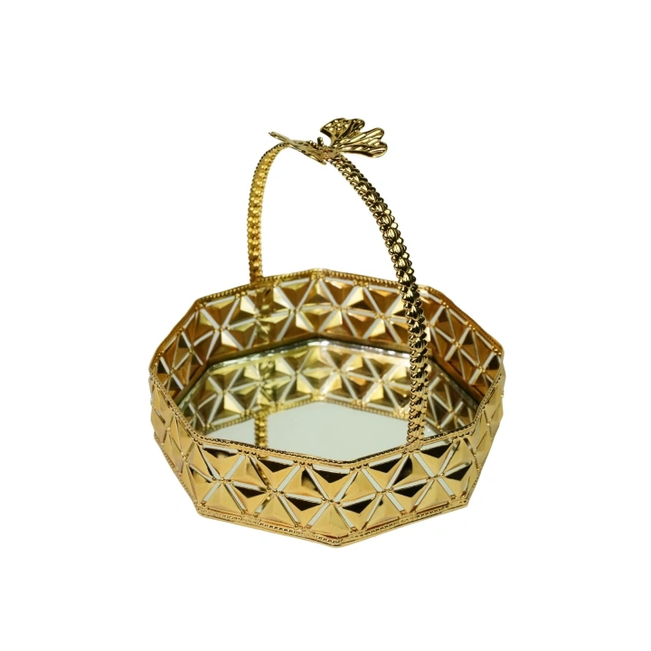 Üstten Kulplu Aynalı Şekerlik, Çikolatalık, Lokumluk, Kurabiyelik, Meyvelik Petek Sepet 15 cm Gold