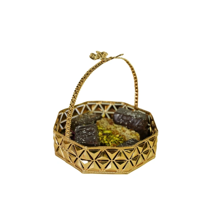 Üstten Kulplu Aynalı Şekerlik, Çikolatalık, Lokumluk, Kurabiyelik, Meyvelik Petek Sepet 15 cm Gold