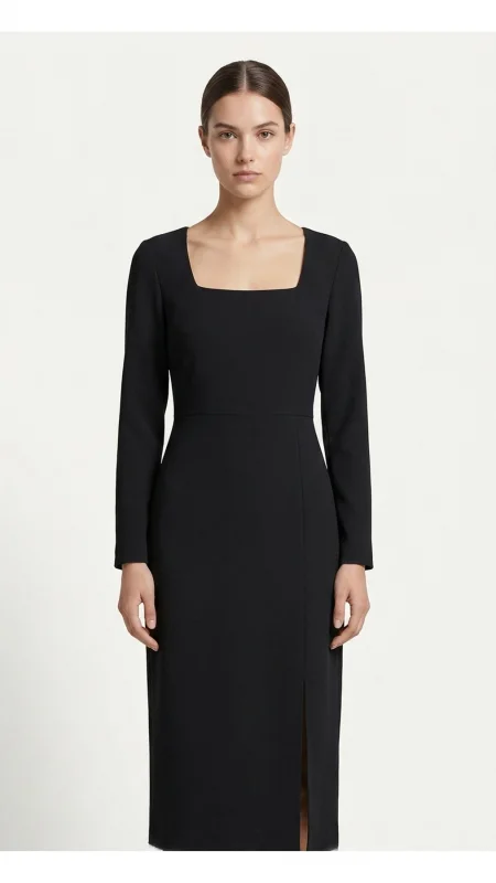 SHIN Minimal Siyah Midi Elbise