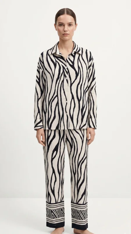 SHIN Zebra Desen Oversize Gömlek Pantolon Takım – Siyah/Beyaz