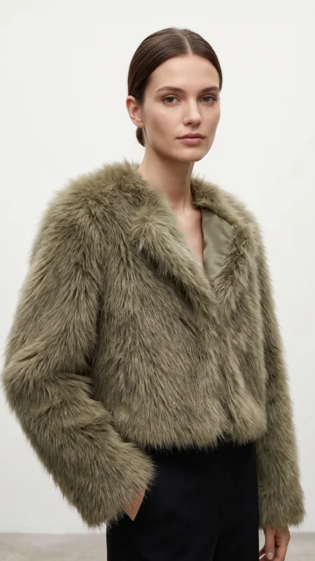 SHIN Premium Kürk Görünümlü Crop Ceket – Haki