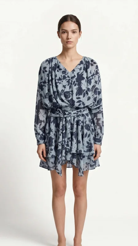 SHIN Mavi Floral Şifon Mini Elbise