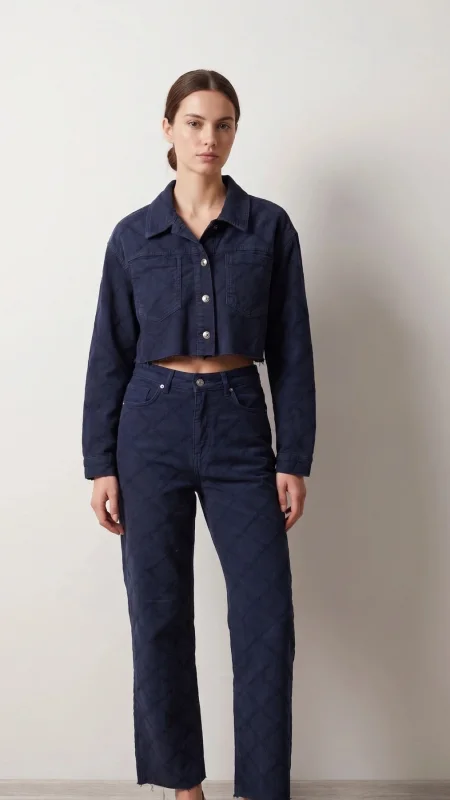 SHIN Kapitone Desenli Denim Takım – Lacivert