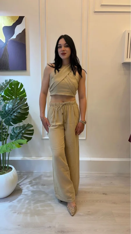 SHIN Bej Bağlamalı Keten Görünümlü Crop Pantolon Takım