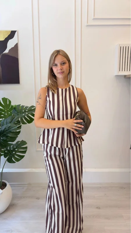 SHIN Çizgili Peplum Üst Geniş Paça Pantolon Takım