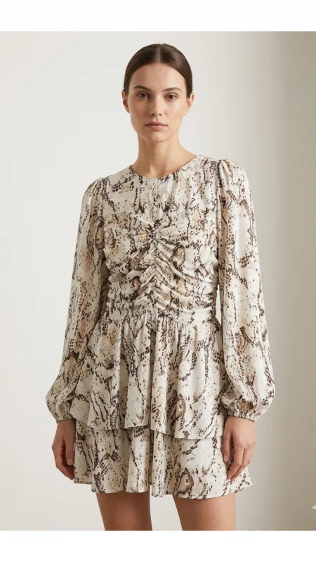 SHIN Yılan Desenli Drapeli Mini Elbise – Bej