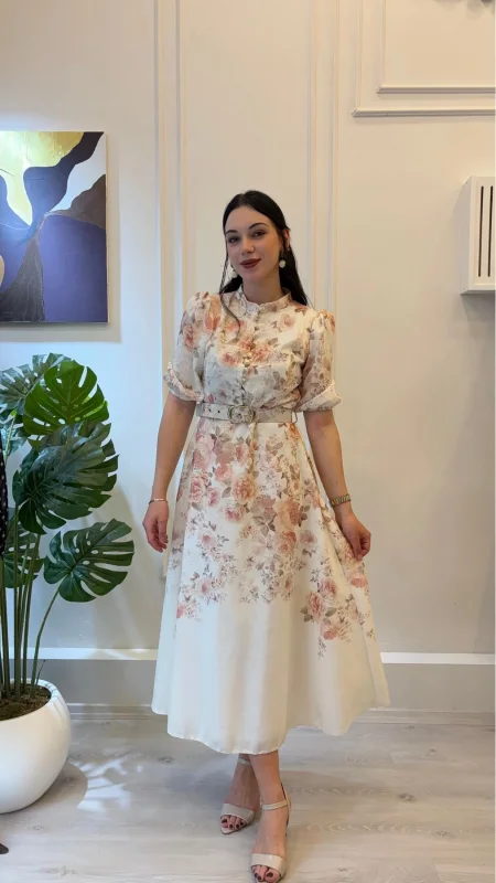 SHIN Kemer Detaylı Çiçek Desenli Vintage Midi Elbise