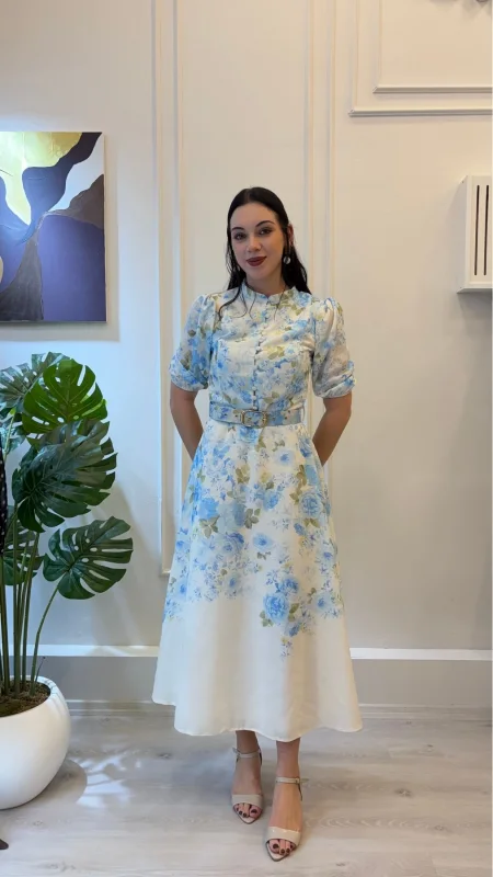 SHIN Kemer Detaylı Çiçek Desenli Vintage Midi Elbise
