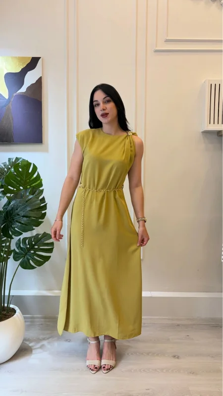 SHIN Yağ Yeşili Zincir Kemer Detaylı Maxi Elbise