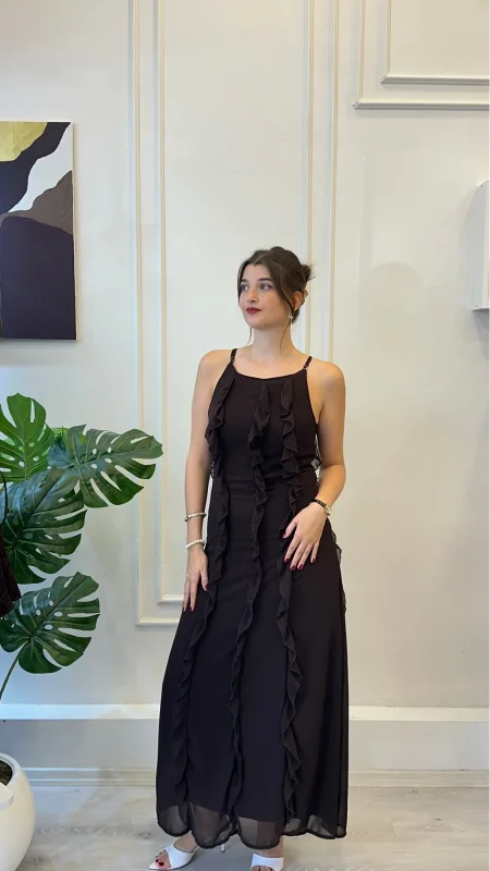 SHIN FIRFIR DETAY HALTER YAKA TÜL UZUN ŞIK ELBİSE