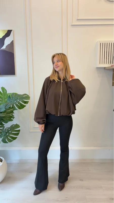 Kadın Kahverengi Fermuarlı Oversize Bomber Ceket