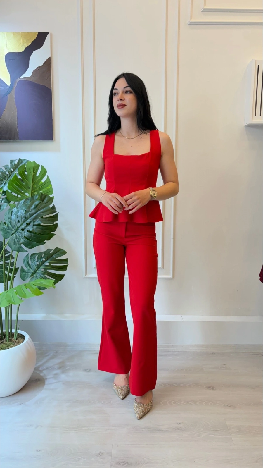 SHIN Kırmızı Peplum Bluz Pantolon Takım